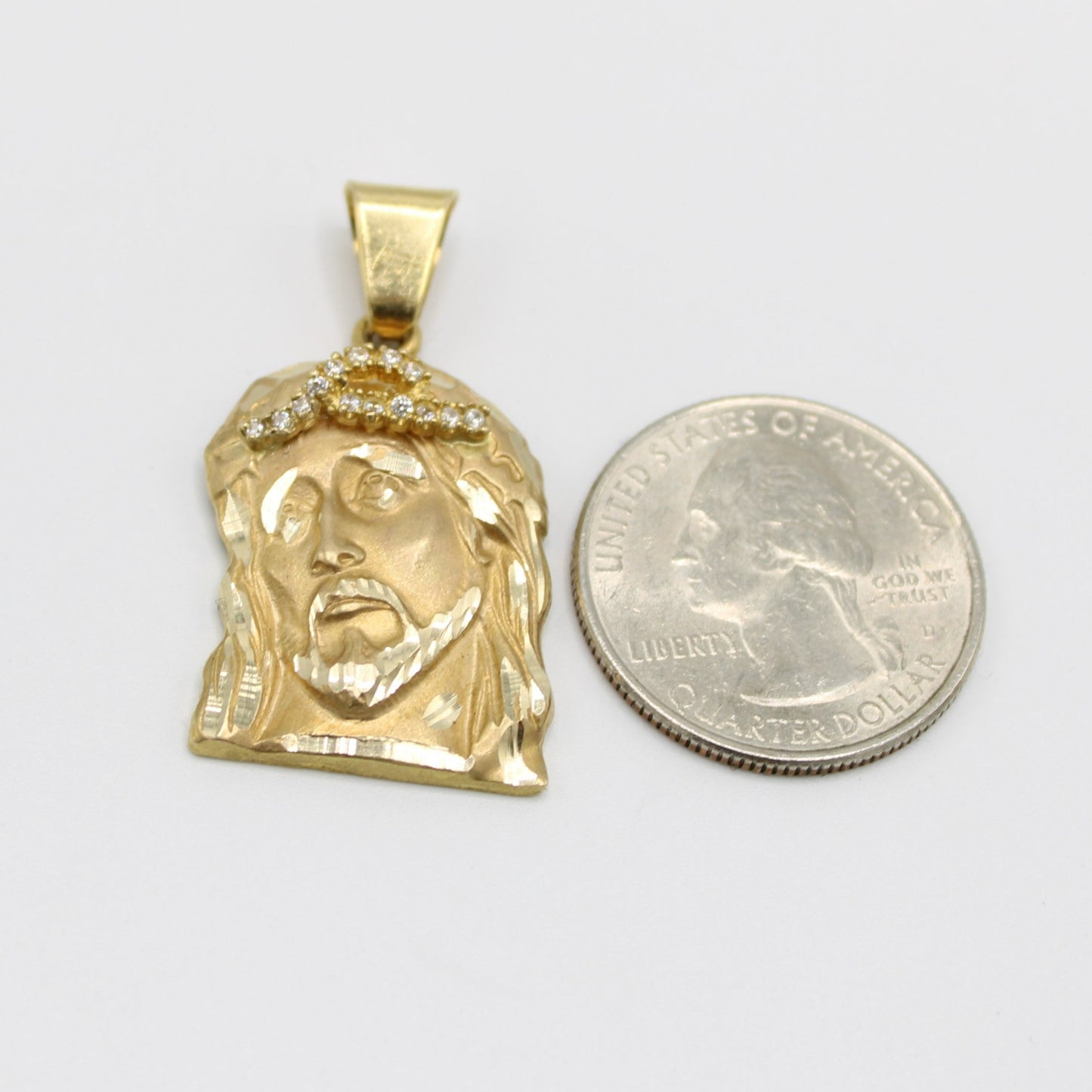 14K Solid Jesus Face Pendant Cz Stones Yellow Gold