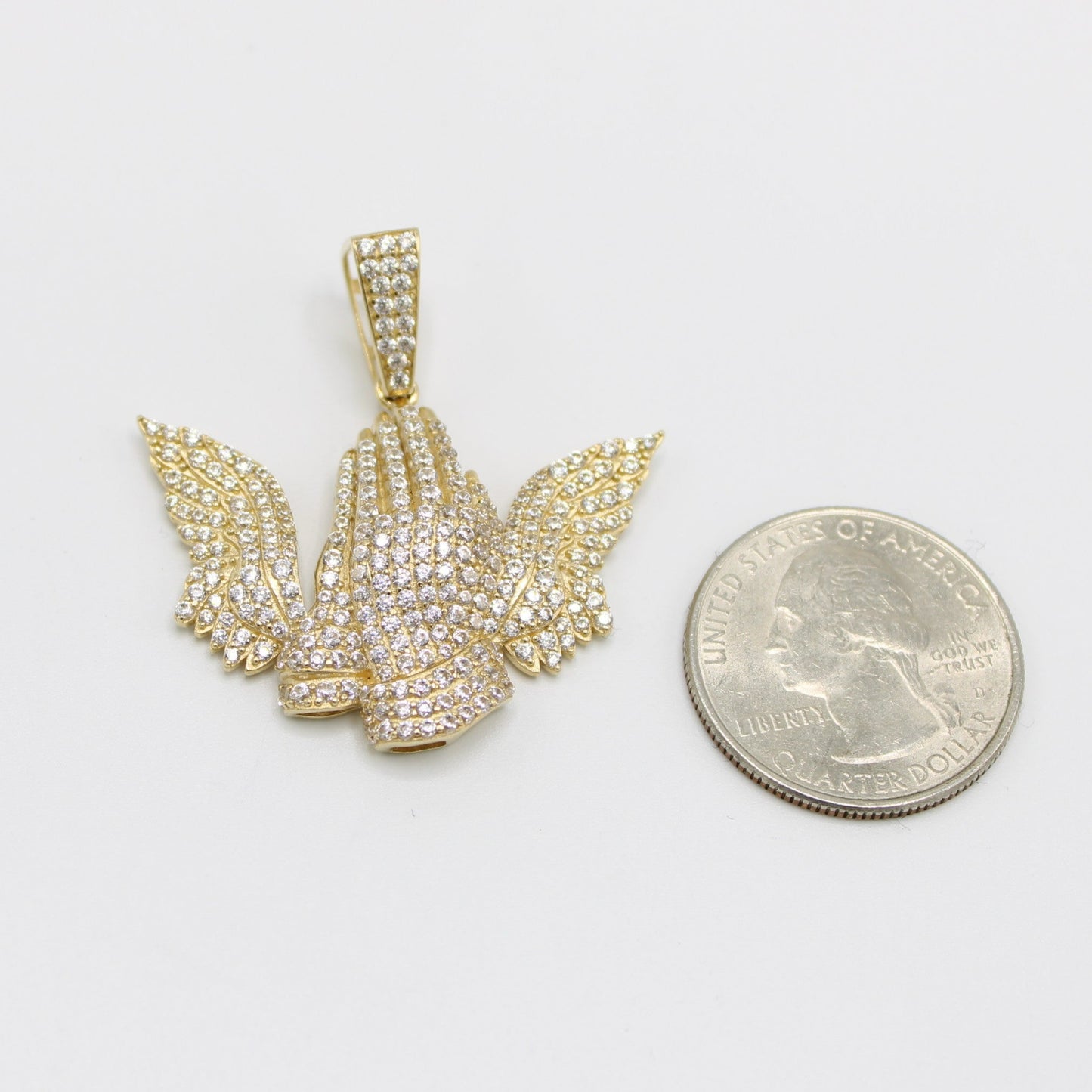 14K Pray Hands/Angel Wiings Full Cz Pendant Yellow Gold