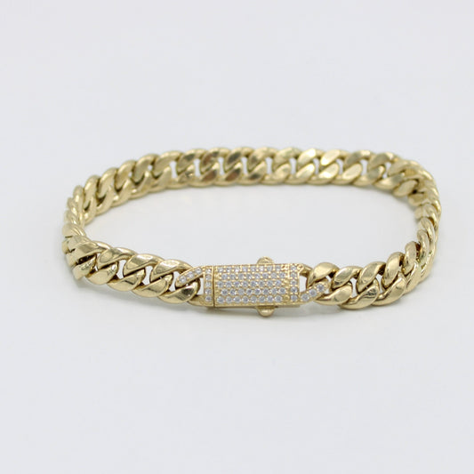 14K Women's Semi-Solid Cuban Bracelet Cz Stones At Lock
