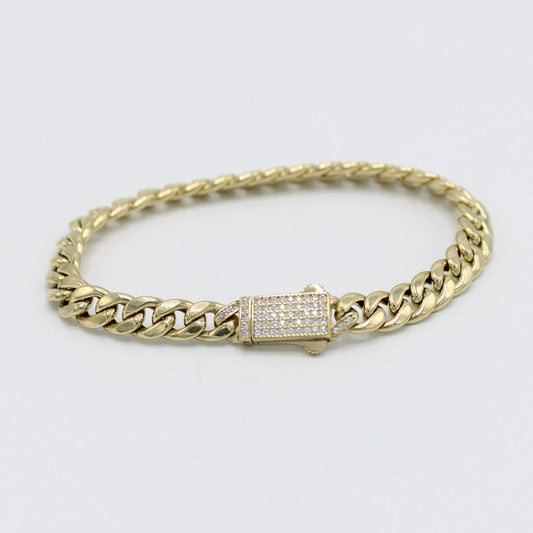 14K Women's Semi-Solid Cuban Bracelet Cz Stones At Lock