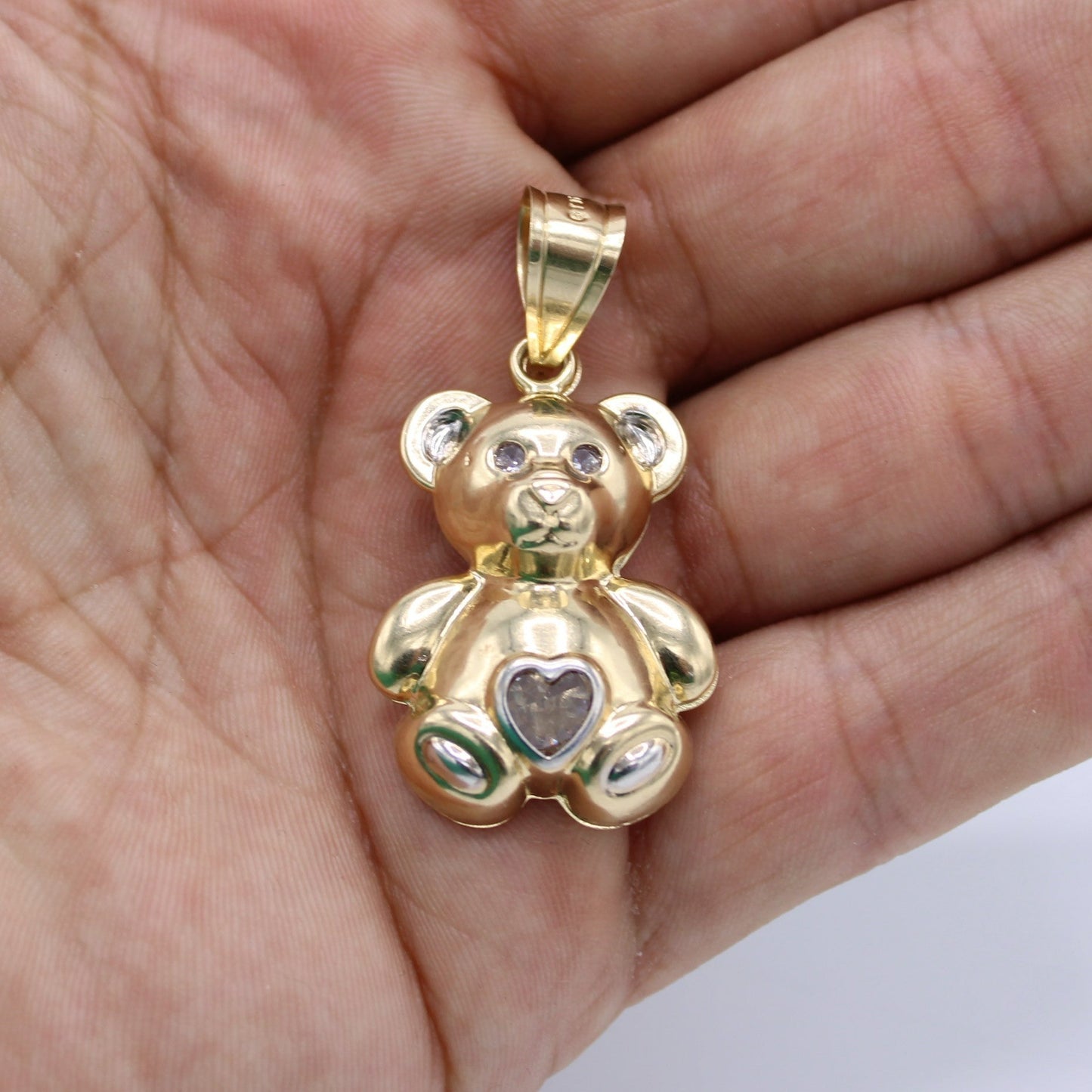 14K Teddy Bear with đ€ Heart White Birthstone (December) Yellow Gold