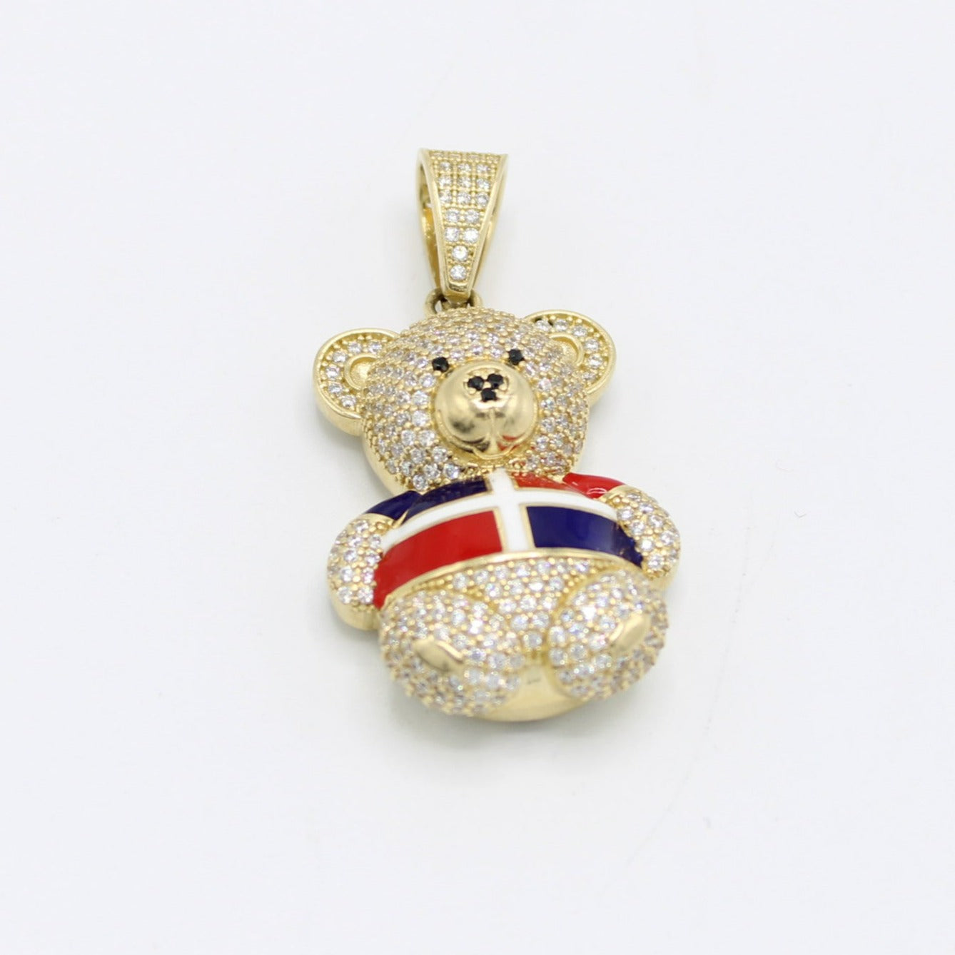 14K Teddy Bear with Dominican Flag Cz Stones Yellow Gold