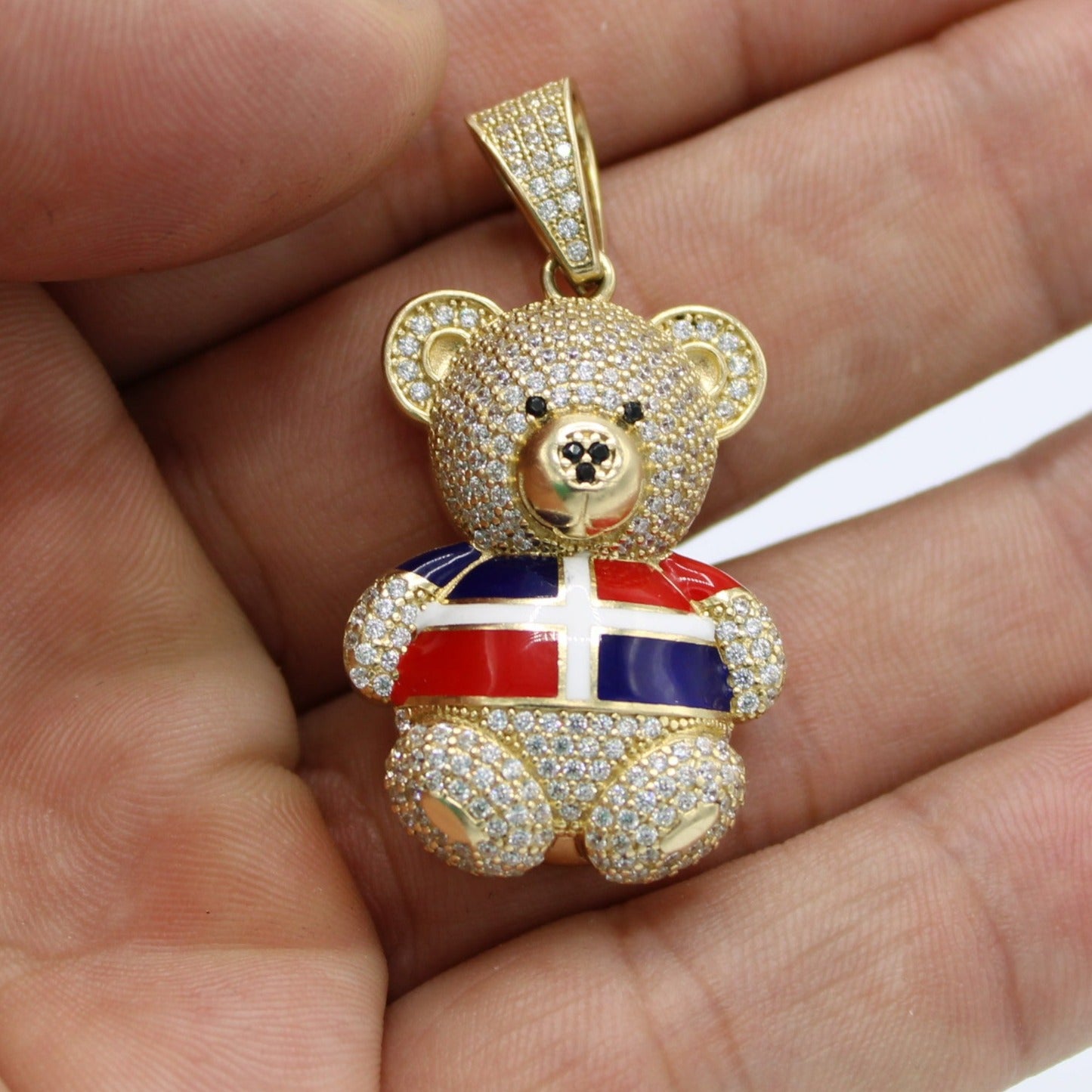 14K Teddy Bear with Dominican Flag Cz Stones Yellow Gold