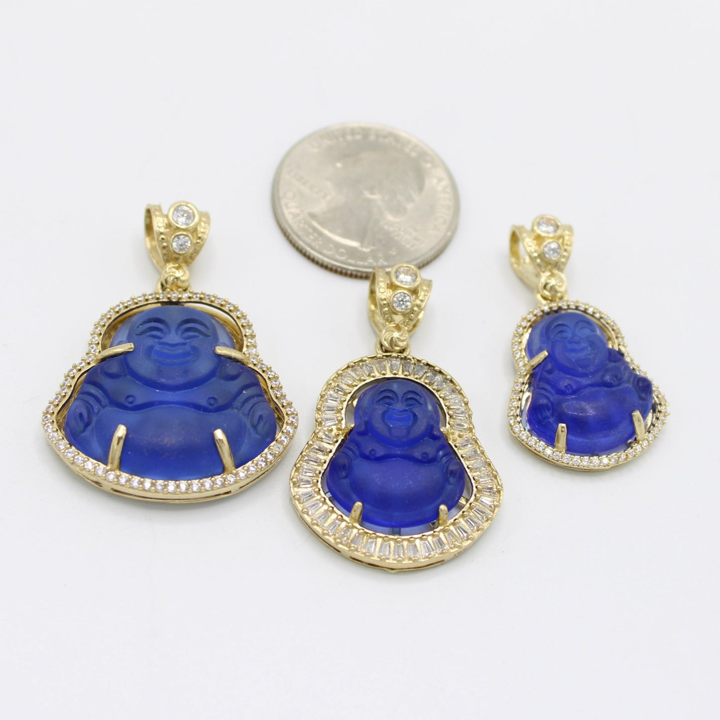 14K Buda Pendant ( Blue ) Cz Stones Yellow Gold
