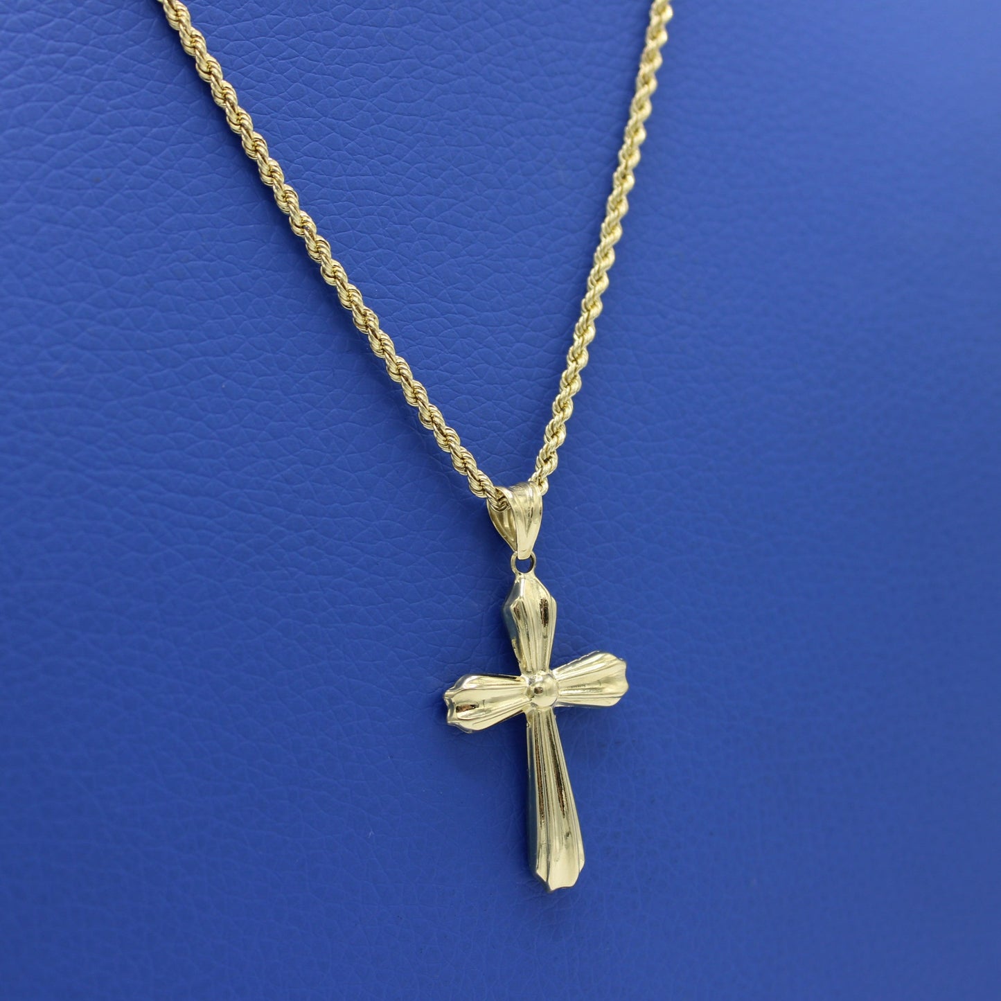 14K Cross Pendant with Hollow Rope Chain Yellow Gold
