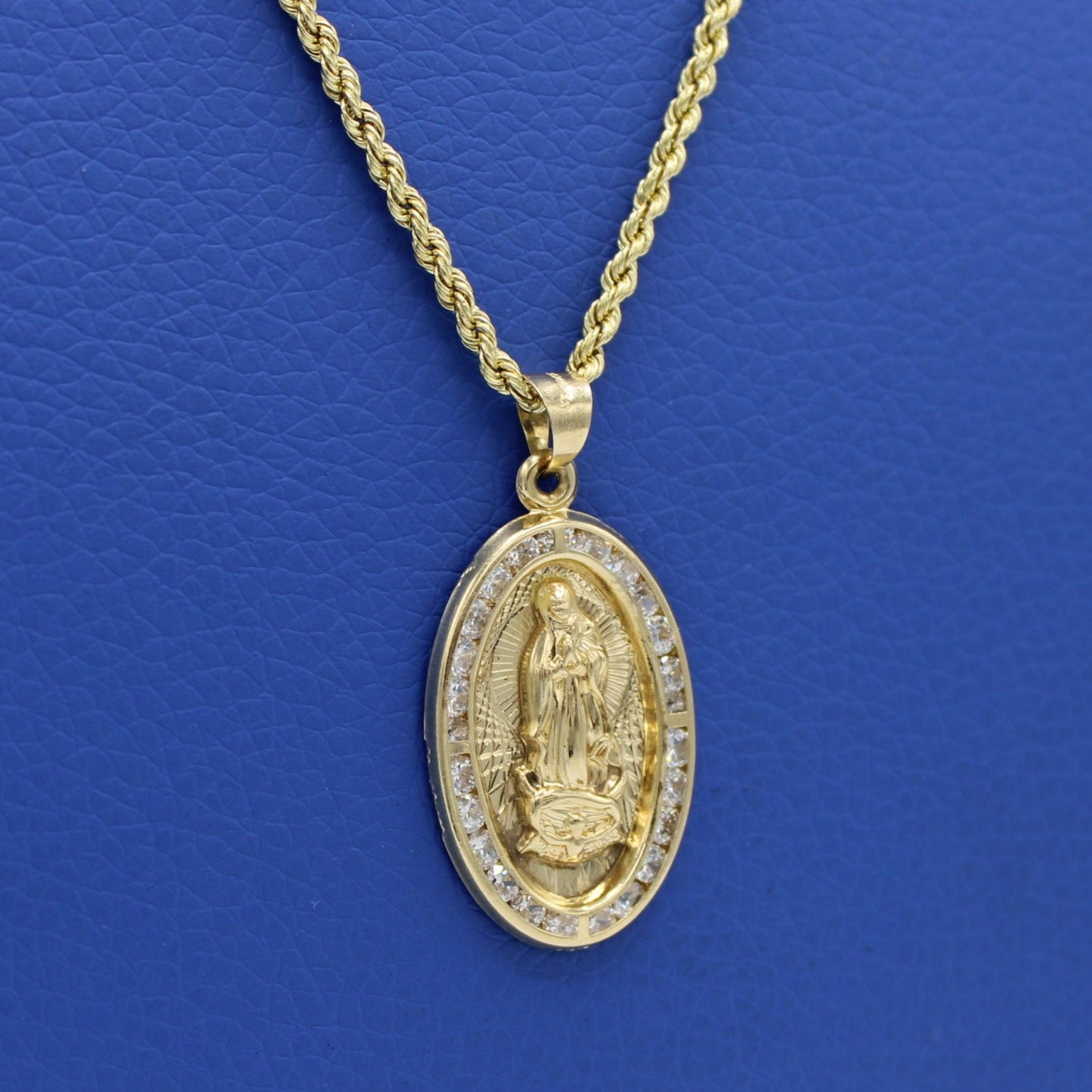 14K Guadalupe Virgen Pendant Cz Stones with Hollow Rope Chain Yellow Gold