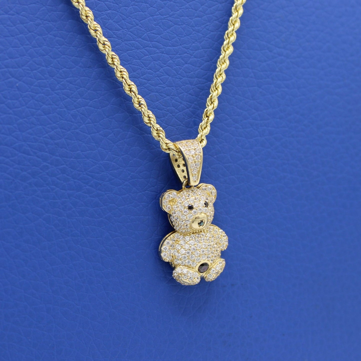 14K Teddy Bear Pendant Cz Stones with Hollow Rope Chain Yellow Gold