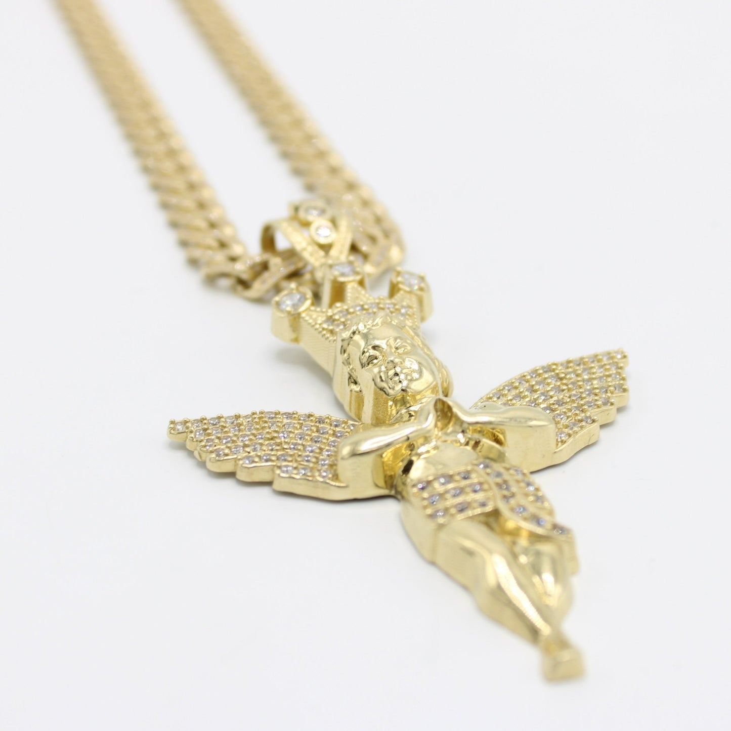 14K Angel Pendant with Full Cz Hollow Ittallo Chain Yellow Gold