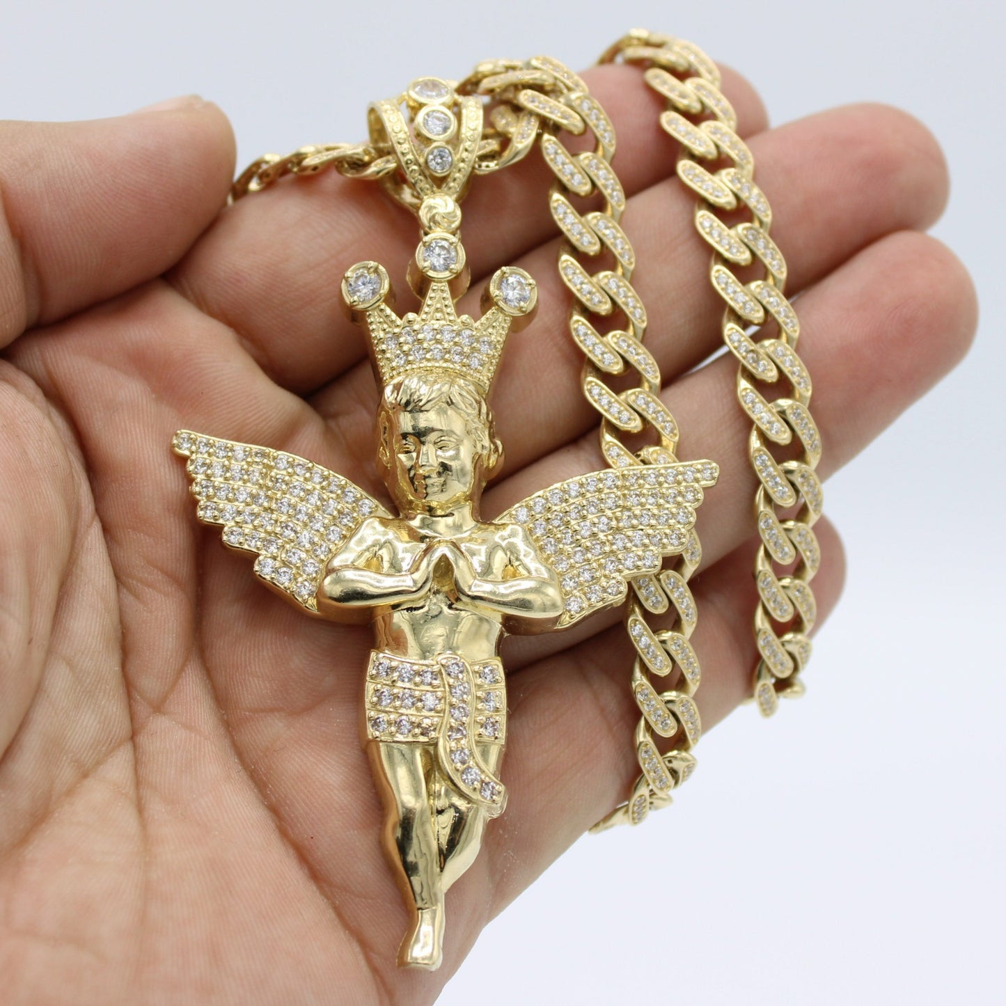 14K Angel Pendant with Full Cz Hollow Ittallo Chain Yellow Gold