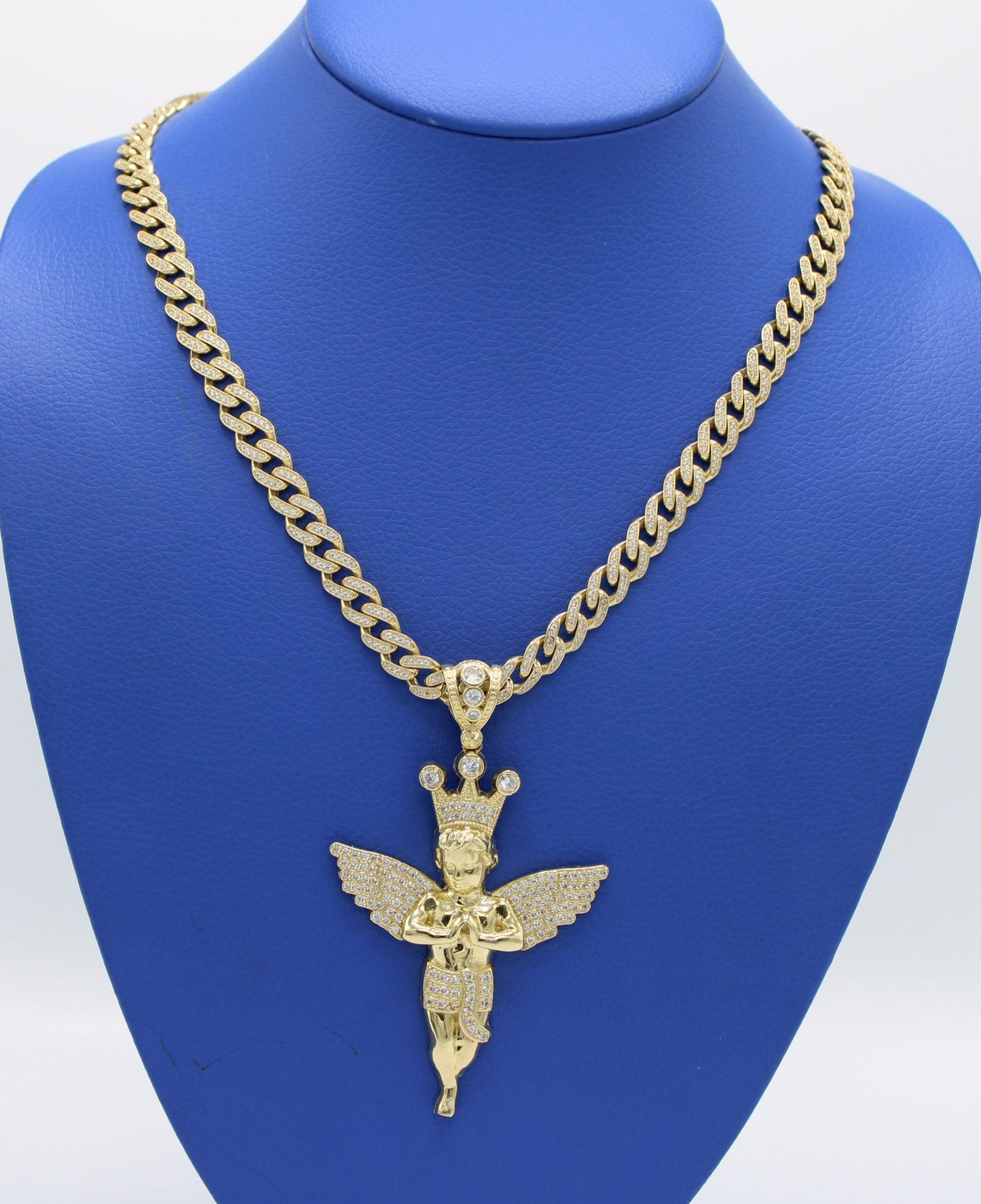 14K Angel Pendant with Full Cz Hollow Ittallo Chain Yellow Gold