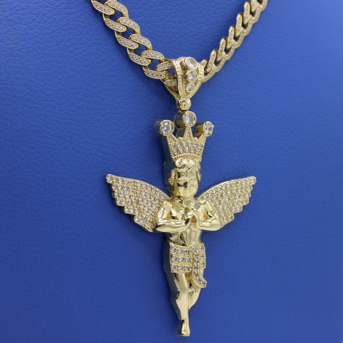 14K Angel Pendant with Full Cz Hollow Ittallo Chain Yellow Gold