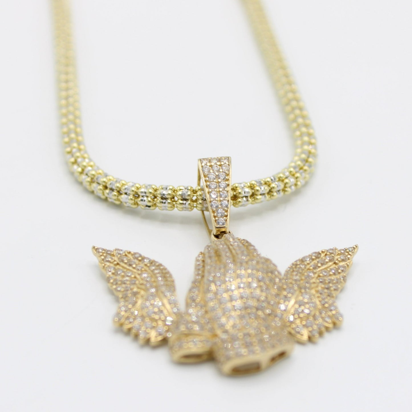 14K Pray Hands Pendant with Ice Chain Yellow Gold