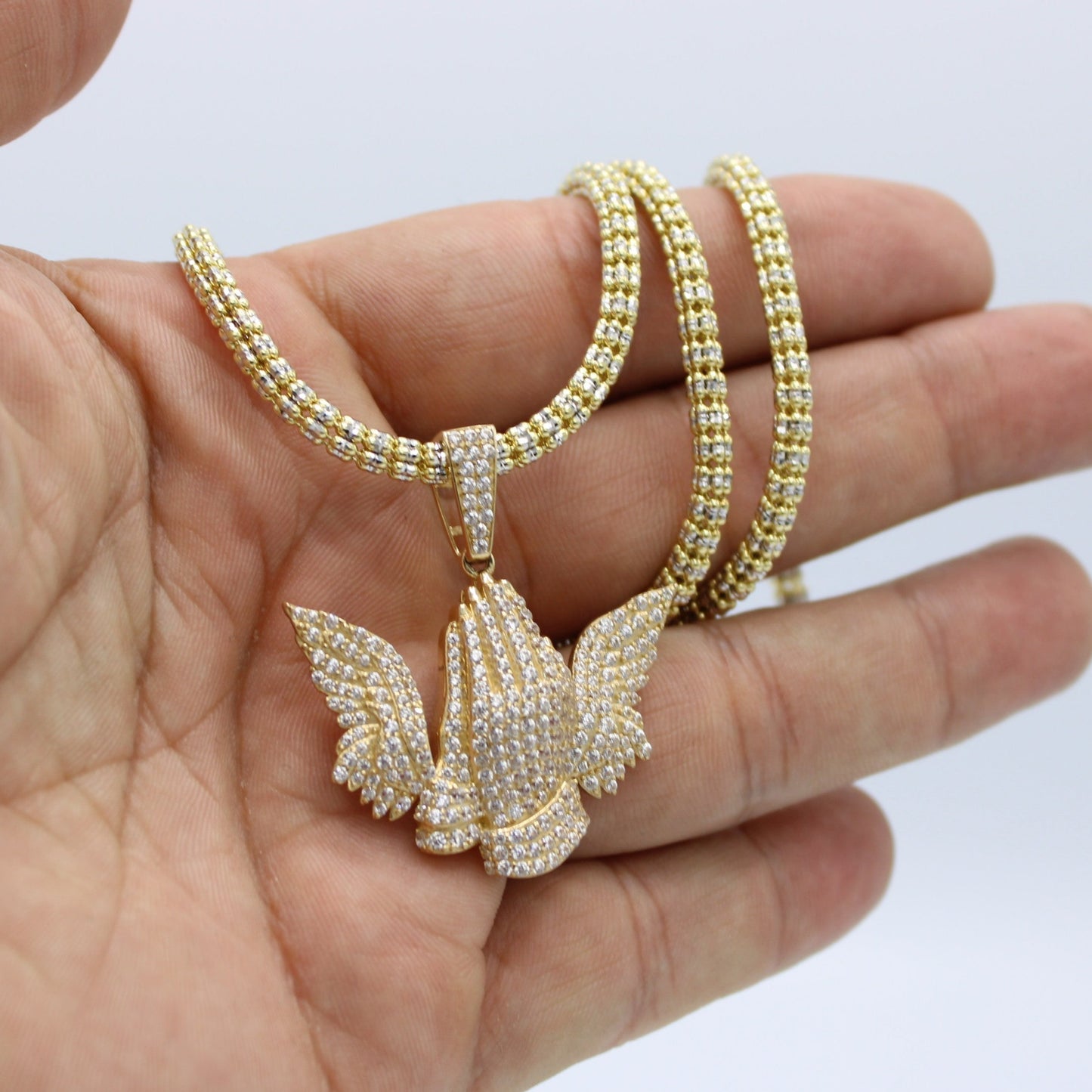 14K Pray Hands Pendant with Ice Chain Yellow Gold