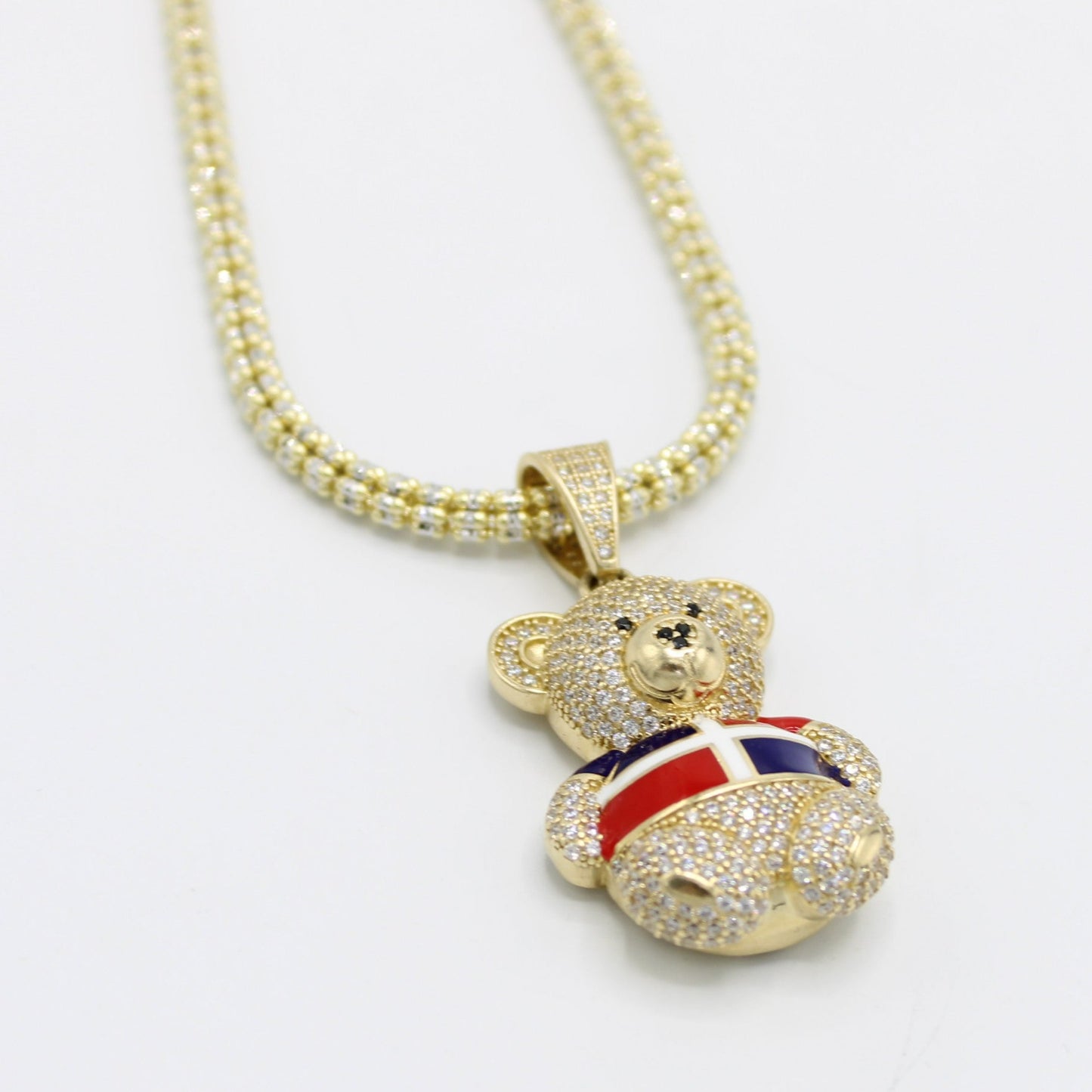 14K Teddy Bear Dominican Flag Pendant with Ice Chain Yellow Gold