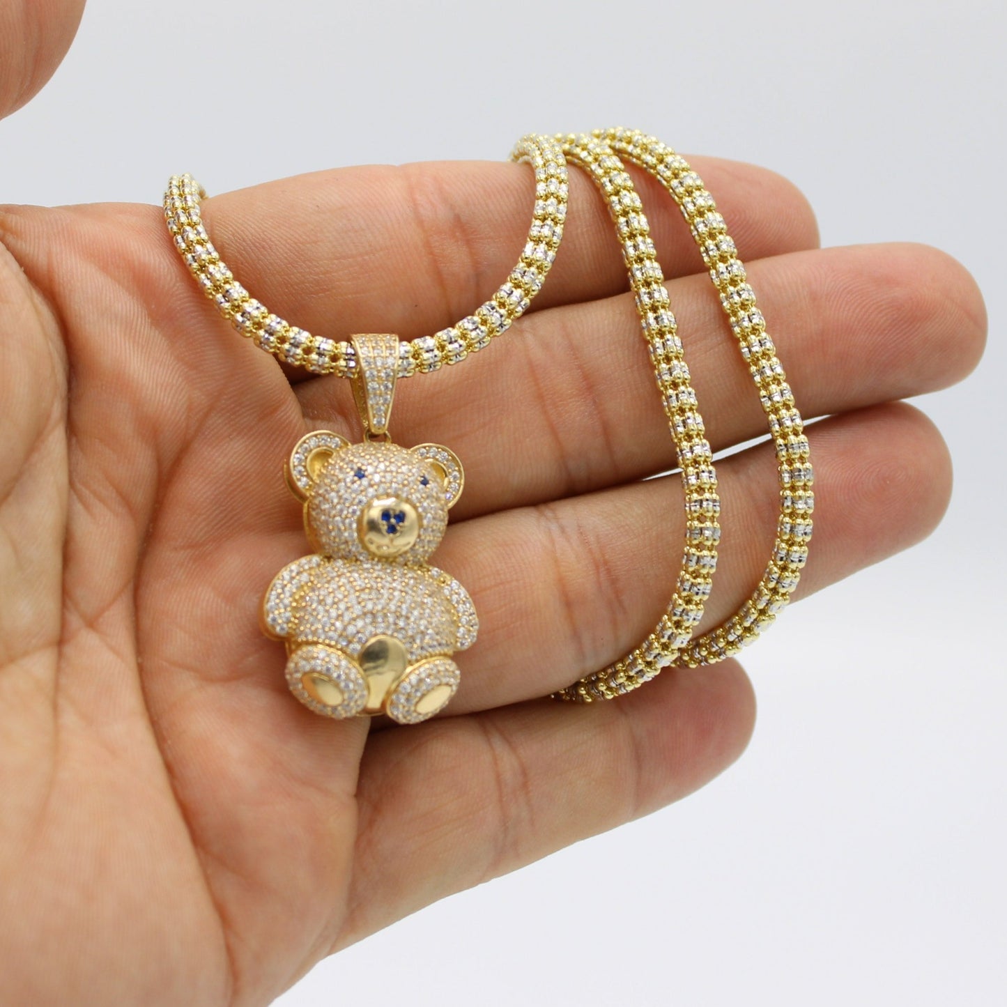 14K Teddy Pendant with Ice Chain Yellow Gold