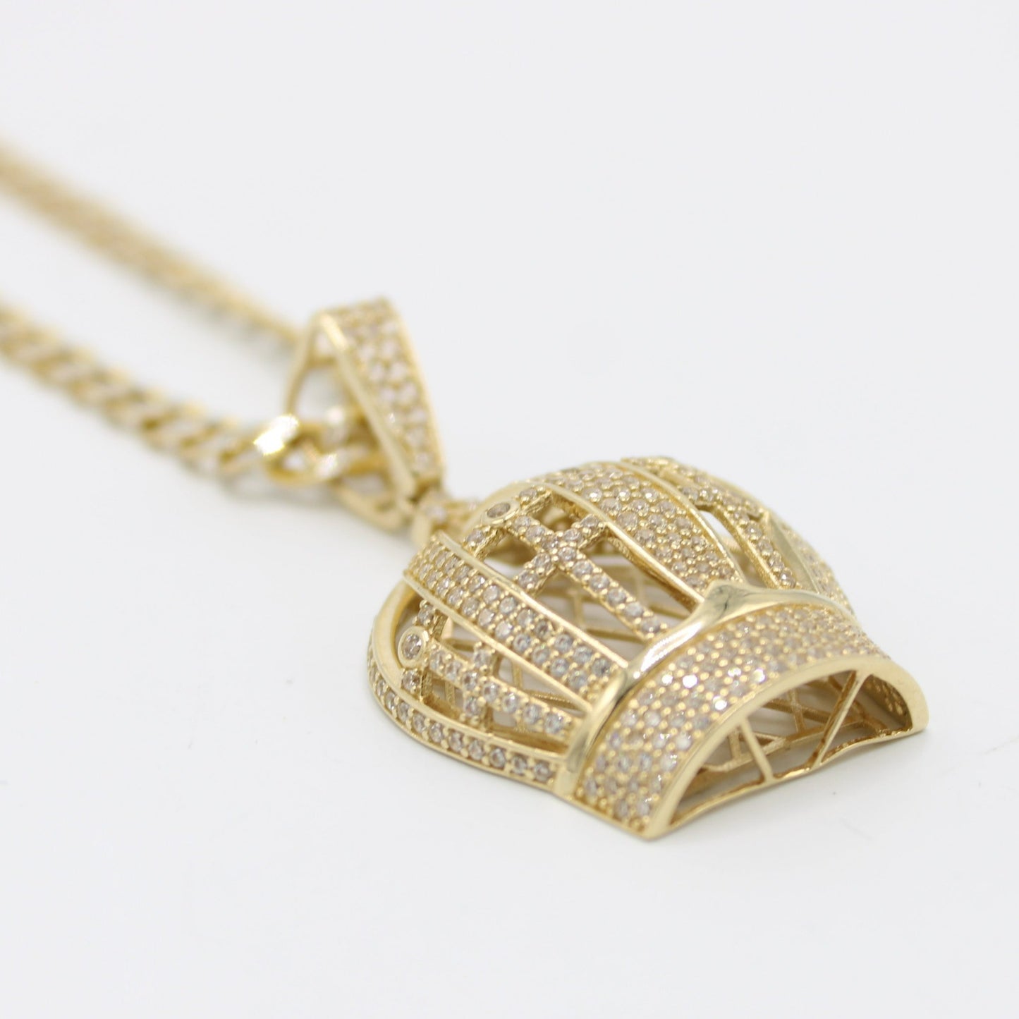 14K Crown Pendant Stone with Semi-Solid flat Cuban Chain Two Tones Yellow Gold