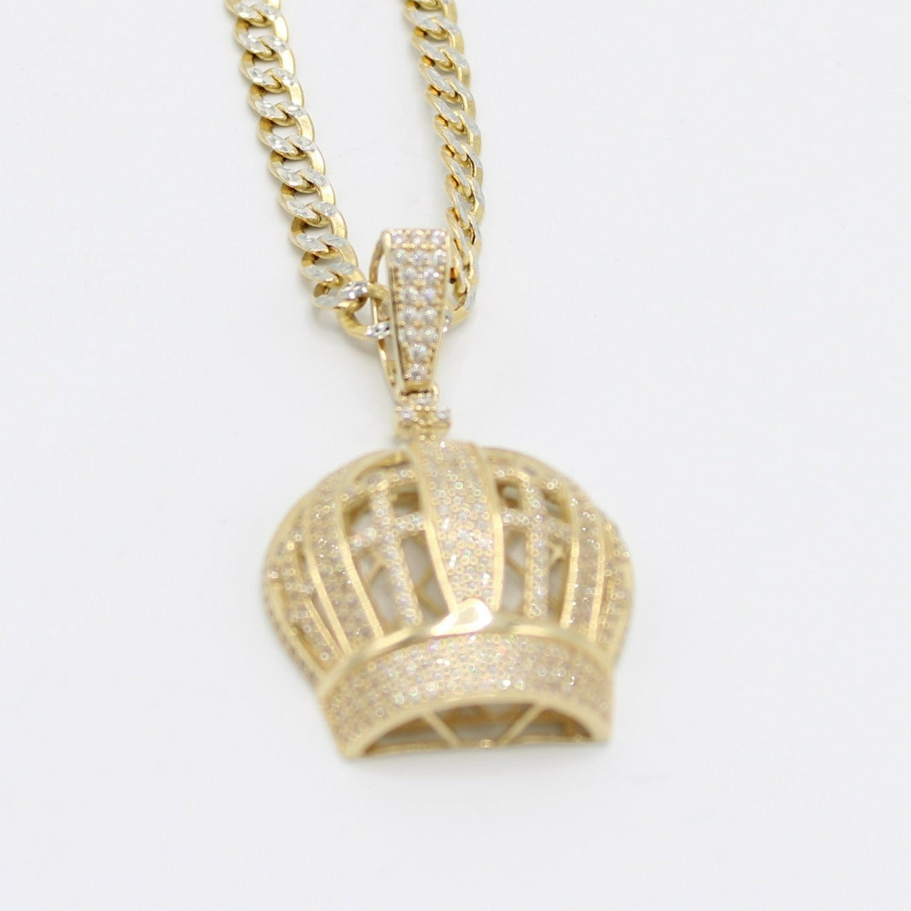 14K Crown Pendant Stone with Semi-Solid flat Cuban Chain Two Tones Yellow Gold