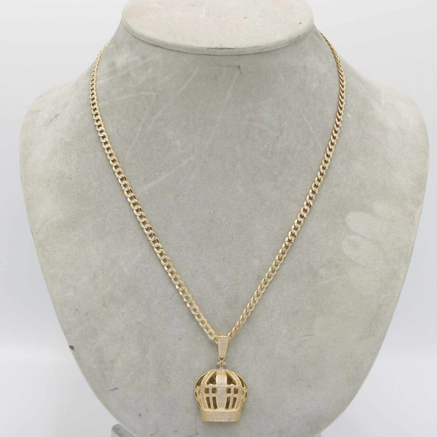 14K Crown Pendant Stone with Semi-Solid flat Cuban Chain Two Tones Yellow Gold