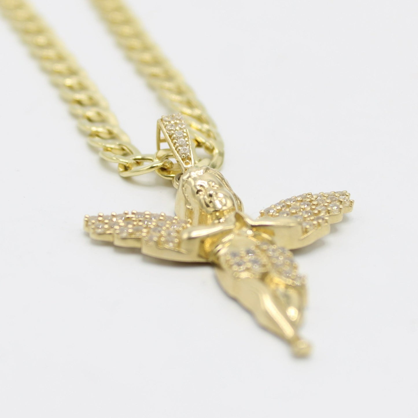 14K Angel Pendant Stone with Semi-Solid flat Cuban Chain Yellow Gold