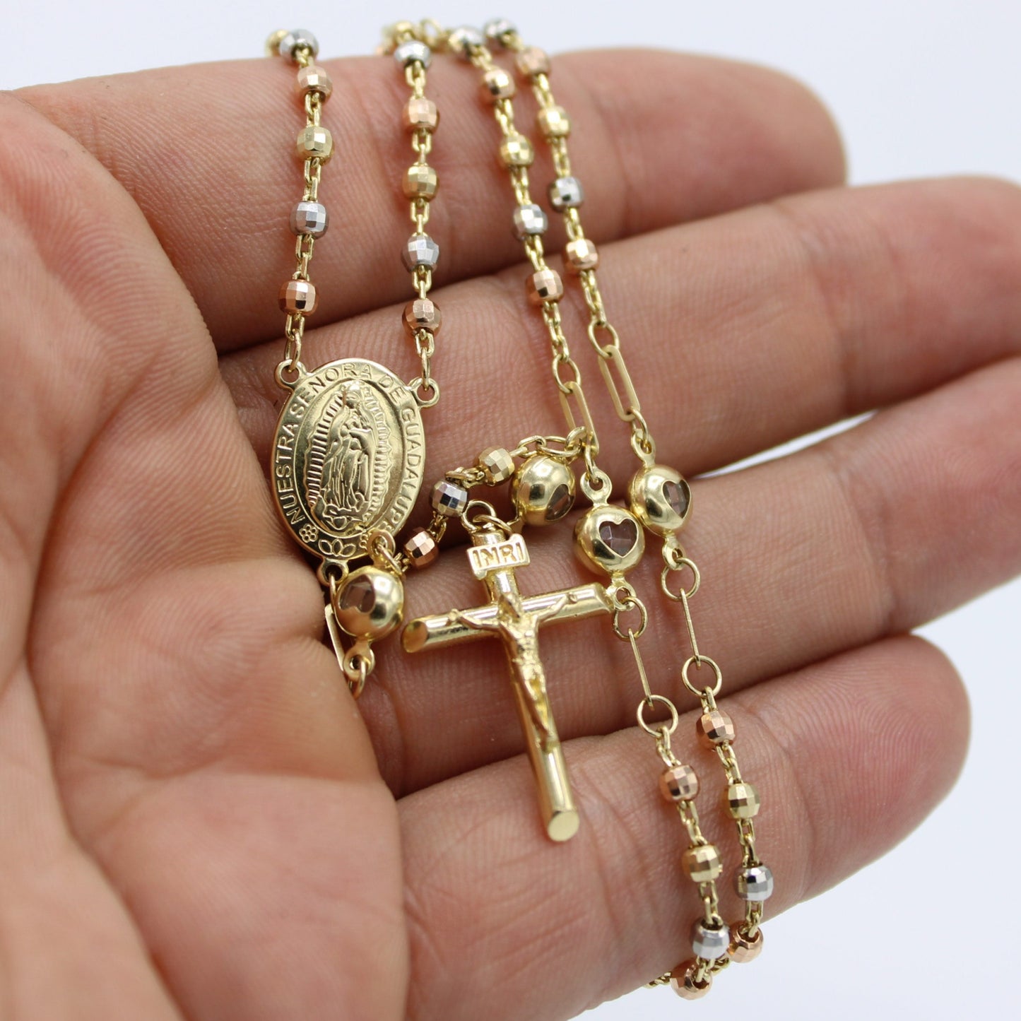 14k Three Tones Gold 2.9mm Rosary Chain 18 Inches