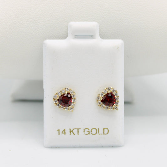 14K Heartâ€ïžBaby Girl Earring Garnet Gem (Birthstone January) Yellow Gold