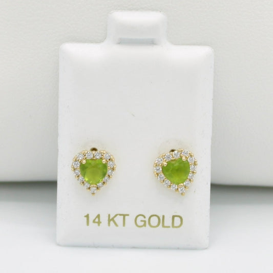 14K Heartâ€ïžBaby Girl Earring Peridot Gem (Birthstone August) Yellow Gold