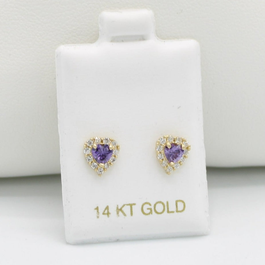14K Heart❤️Baby Girl Earring Amethyst Gem (Birthstone February) Yellow Gold