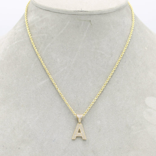 14K Initial letter Name Cz Stones With Rope Chain Yellow Gold
