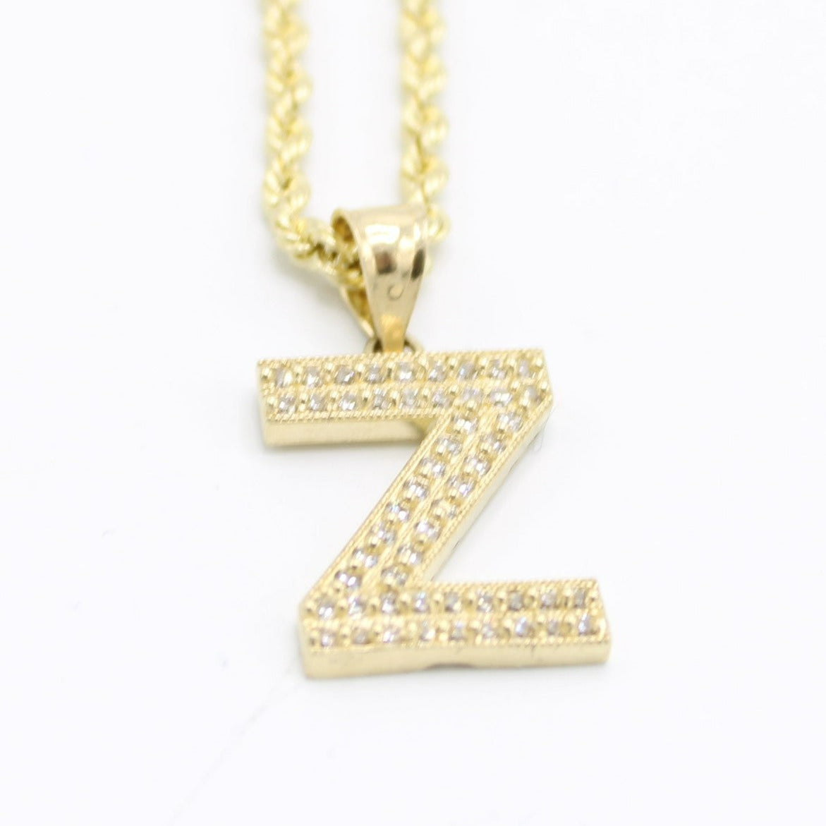 14K Initial letter Name Cz Stones With Rope Chain Yellow Gold
