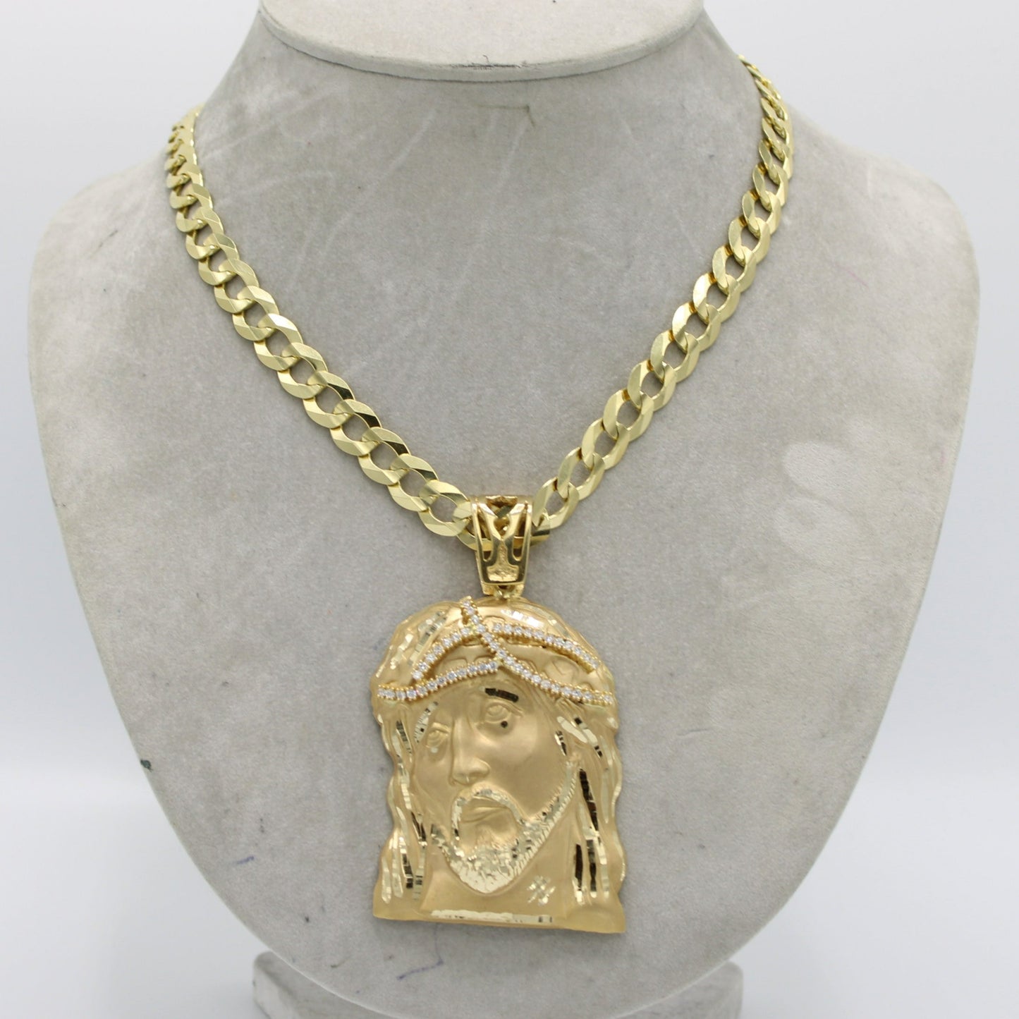 14K Jesus Face (Jumbo) Cz Stones with Solid Flat Cuban Chain Yellow Gold