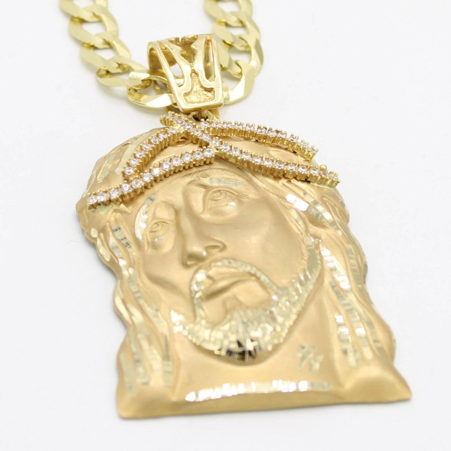 14K Jesus Face (Jumbo) Cz Stones with Solid Flat Cuban Chain Yellow Gold