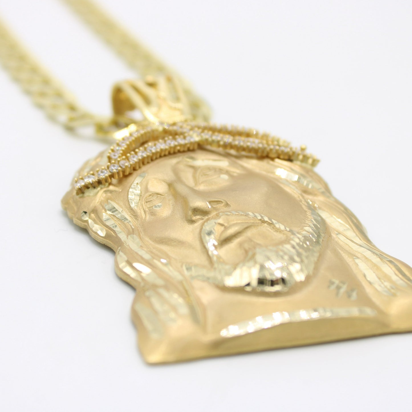 14K Jesus Face (Jumbo) Cz Stones with Solid Flat Cuban Chain Yellow Gold