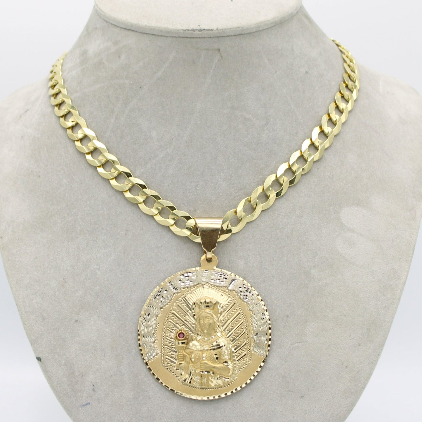 14K Santa Barbara Pendant with Solid Flat Cuban Chain Yellow Gold
