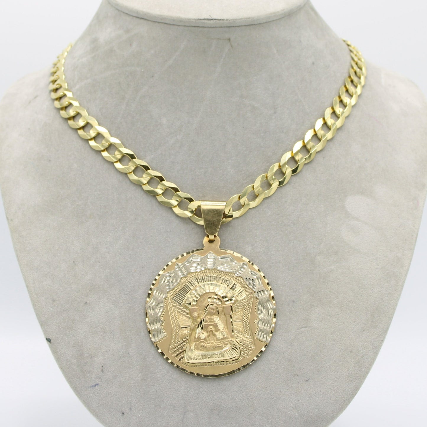 14K Virgen Maria Pendant with Solid Flat Cuban Chain Yellow Gold