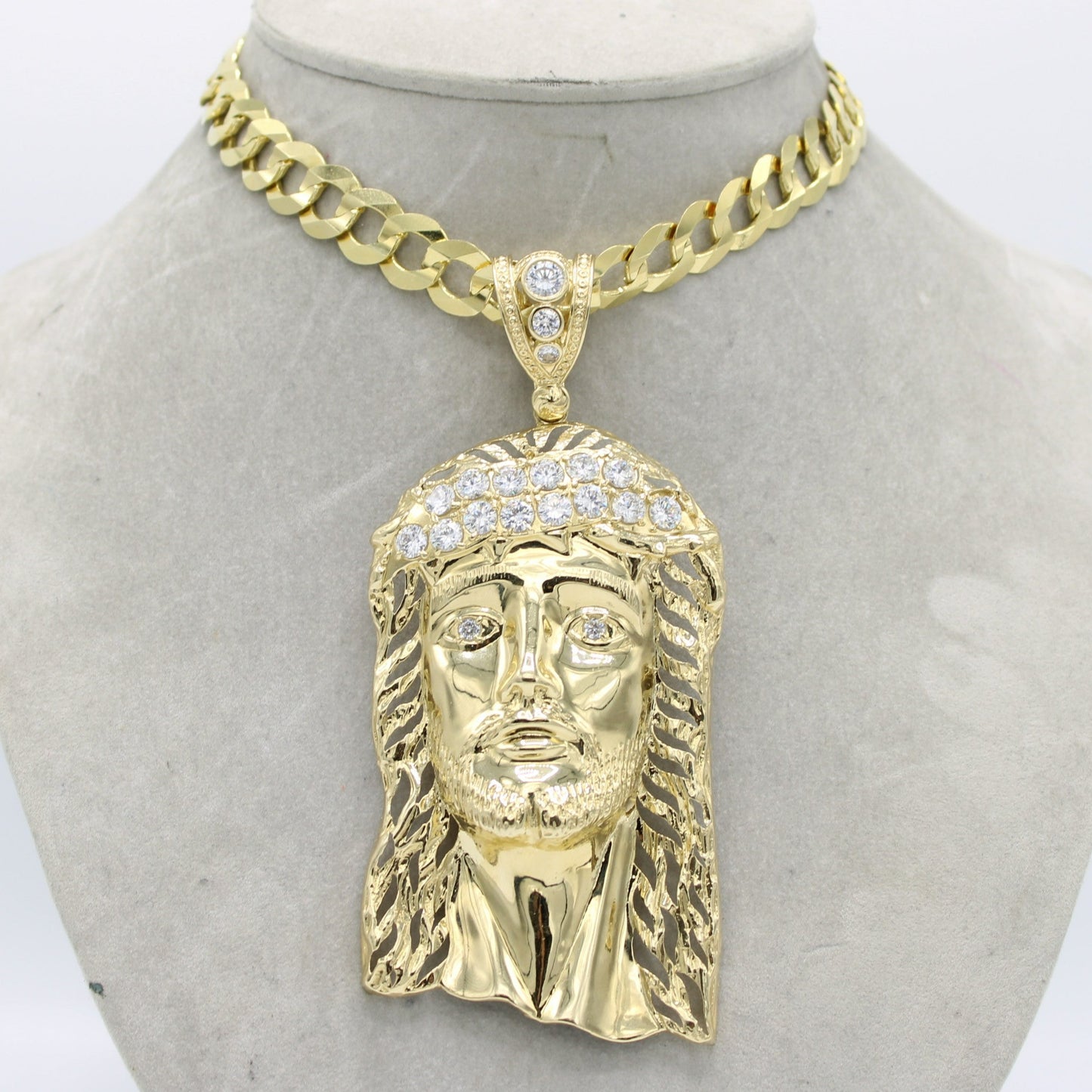 14K Big Jesus Face Pendant Cz Stones with Solid Flat Cuban Chain Yellow Gold