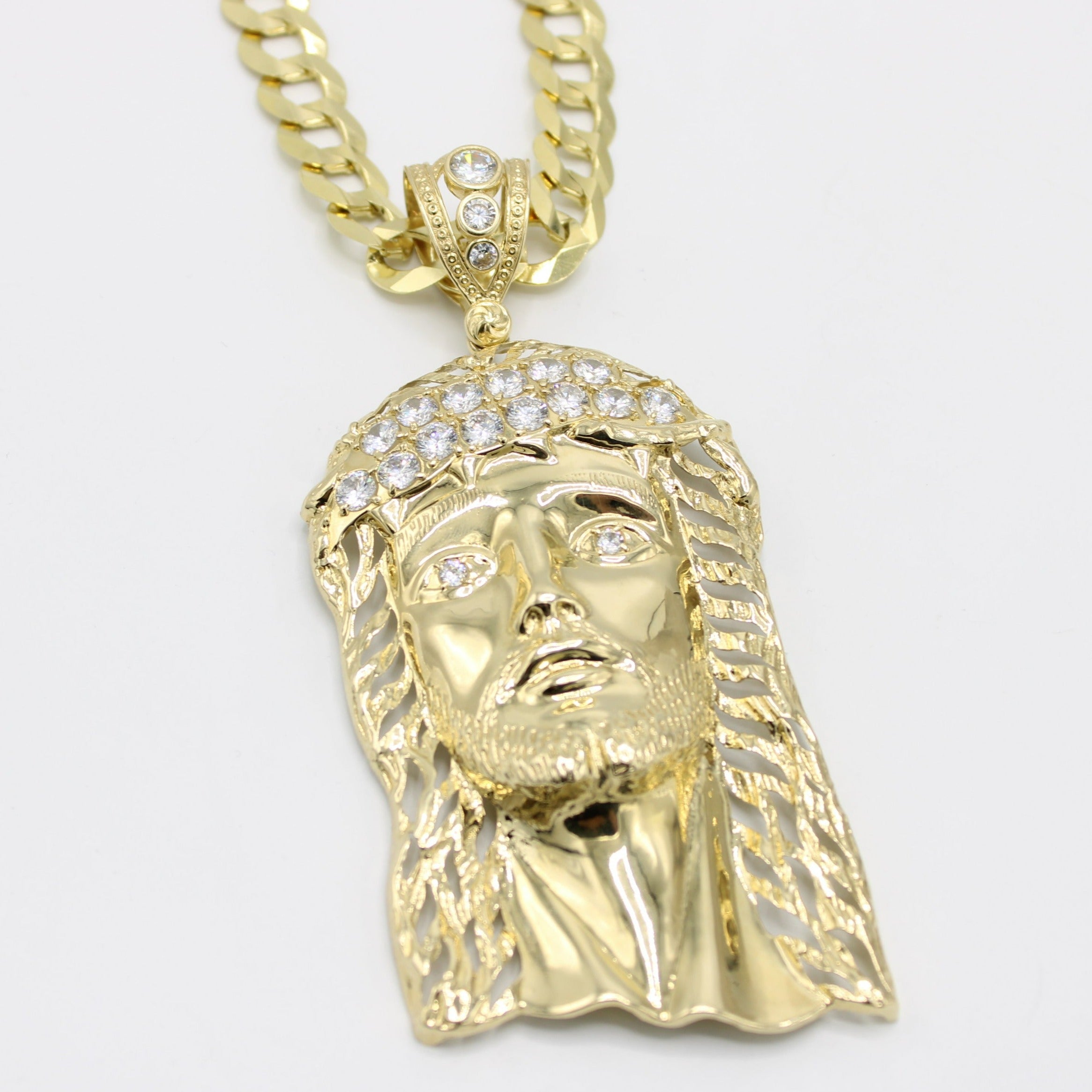 14K Gold Plated Huge Jesus Bust Simulated CZ Magnetic Clasp Cuban