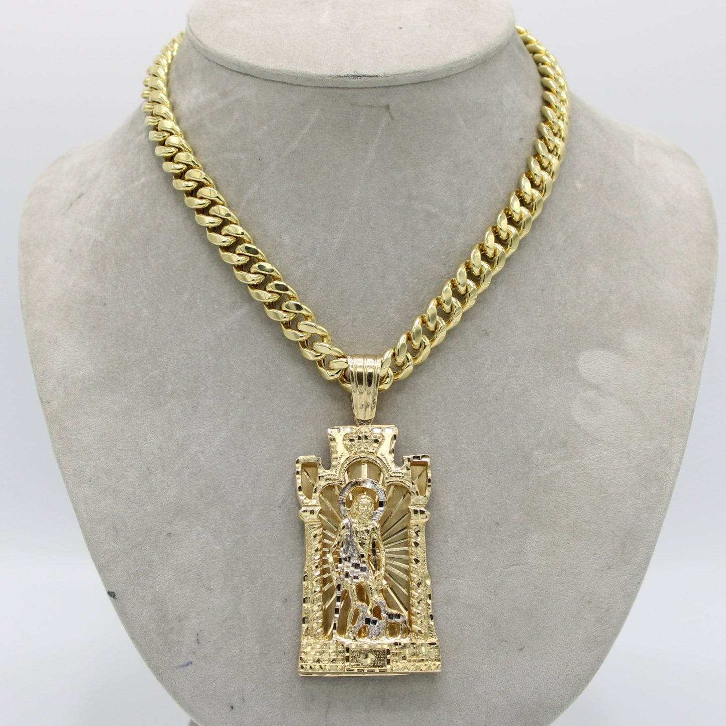 14K San Lazaro Pendant with Semi-Solid Miami Cuban Chain Yellow Gold
