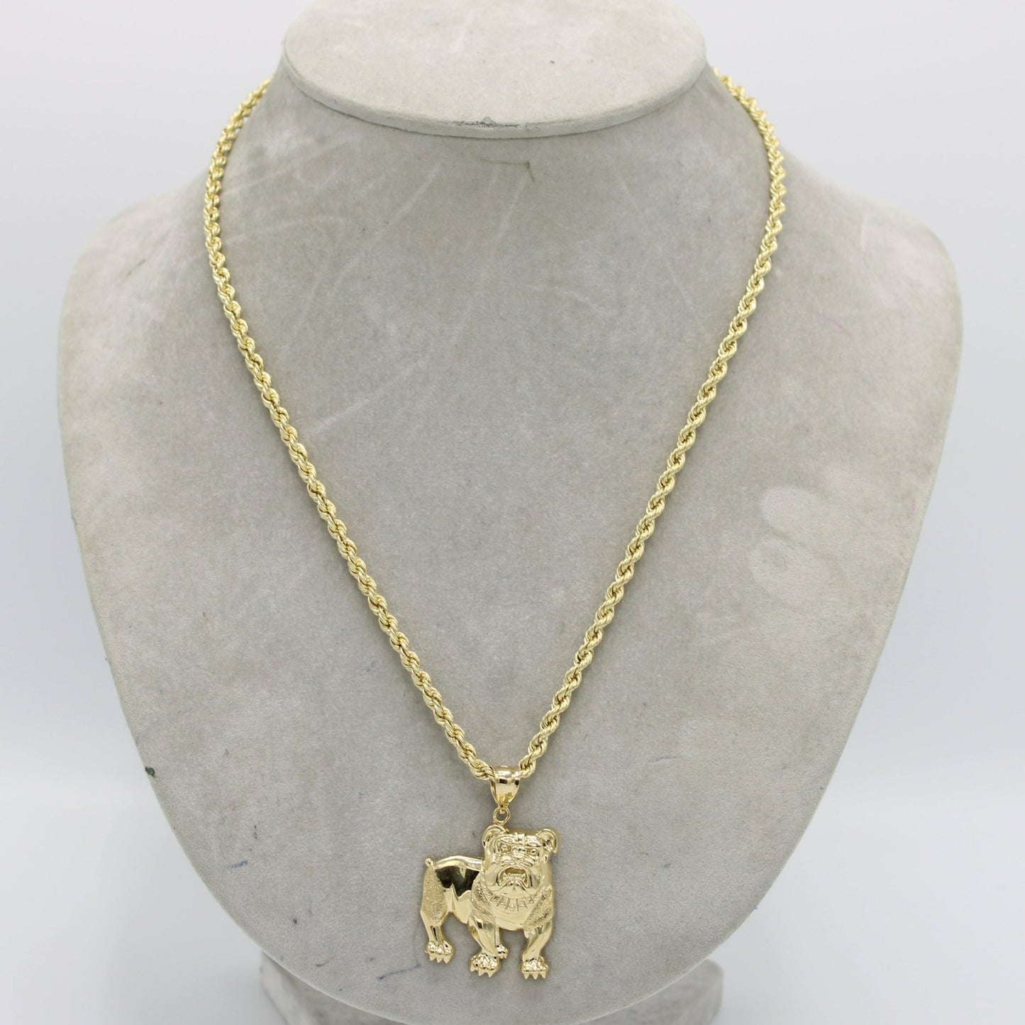 14K Bulldog Pendant with Rope Chain Yellow Gold