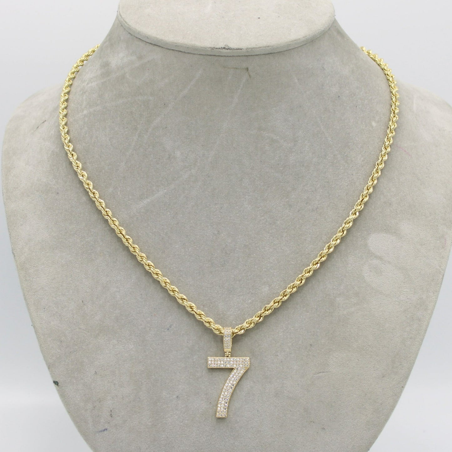 14K Number 7 Cz Stones Pendant with Rope Chain Yellow Gold