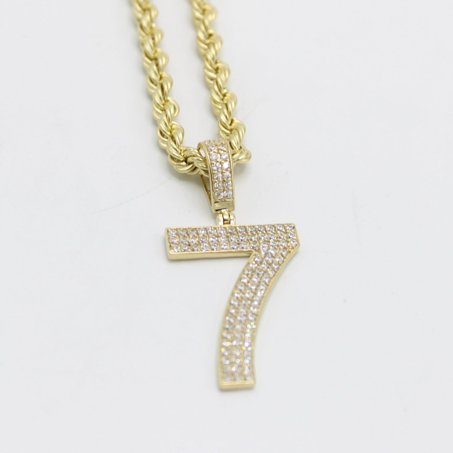 14K Number 7 Cz Stones Pendant with Rope Chain Yellow Gold