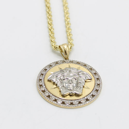 14K Medusa Cz Stones Pendant with Rope Chain Yellow Gold