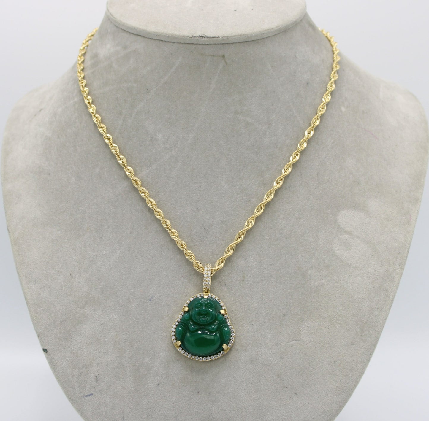 14K Budda Jade Gem Pendant with Rope Chain Yellow Gold
