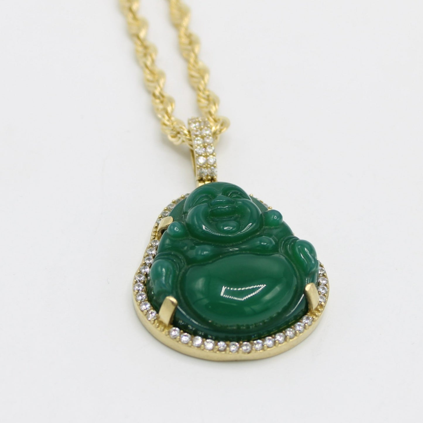 14K Budda Jade Gem Pendant with Rope Chain Yellow Gold
