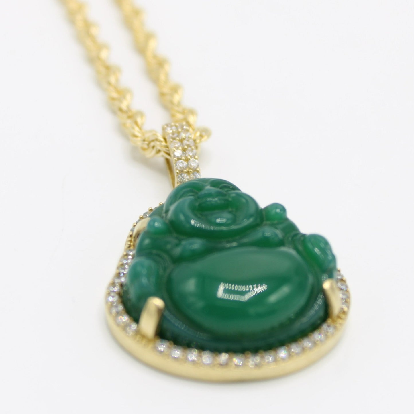 14K Budda Jade Gem Pendant with Rope Chain Yellow Gold