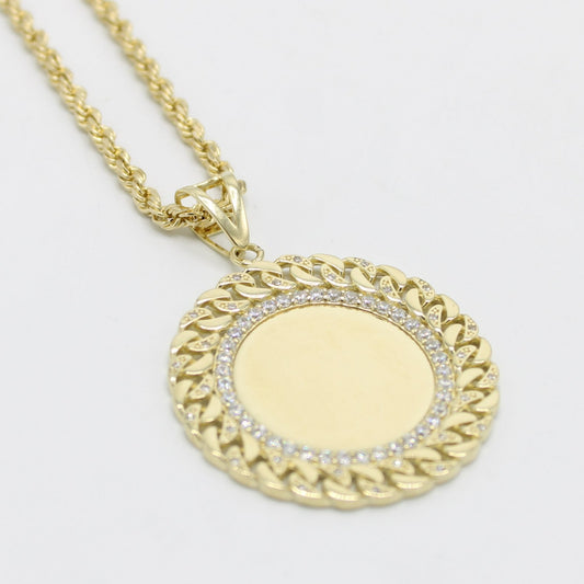 14K Round Picture Pendant Cz Stones with Rope Chain Yellow Gold