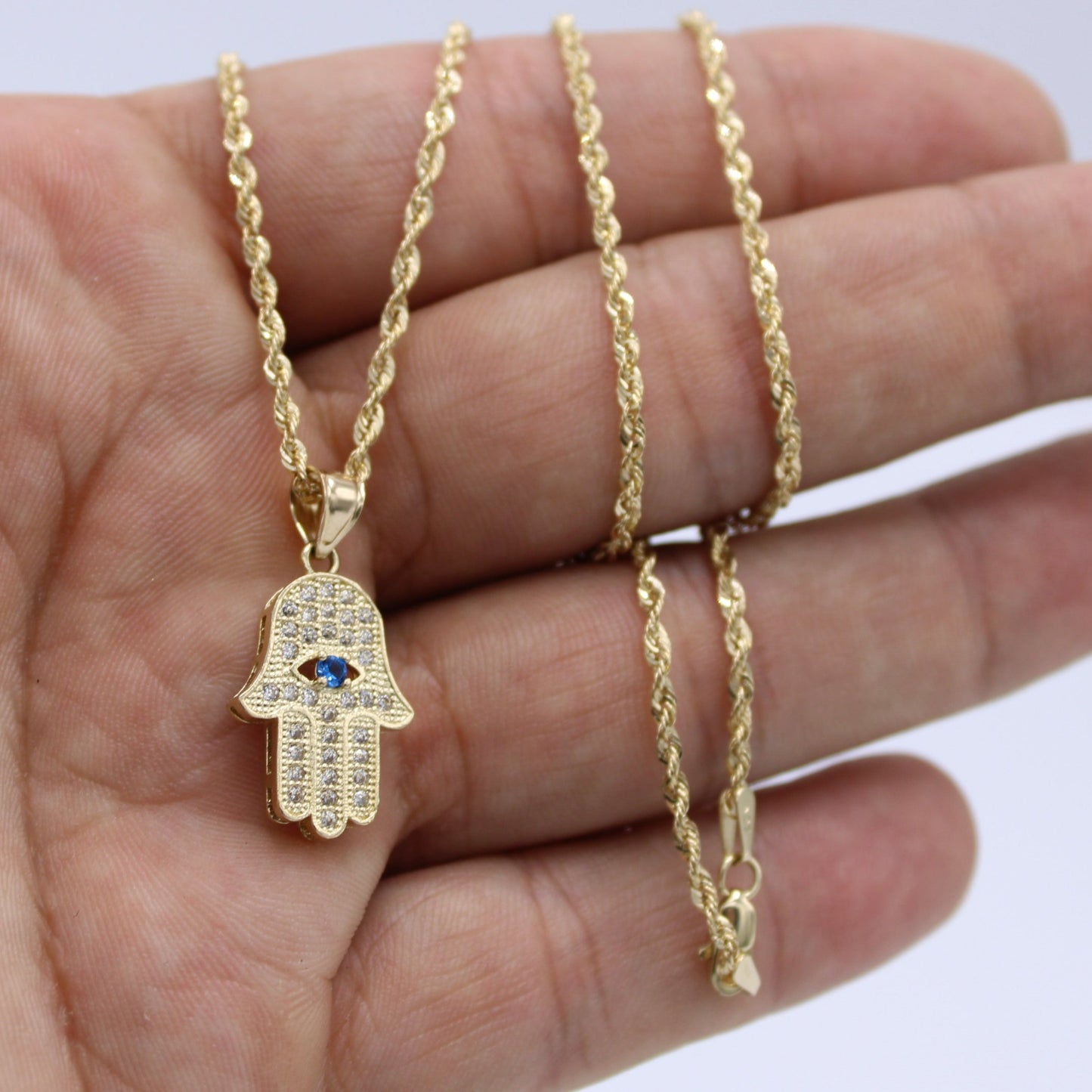 14K Hamsa Pendant Cz Stones with Rope Chain Yellow Gold