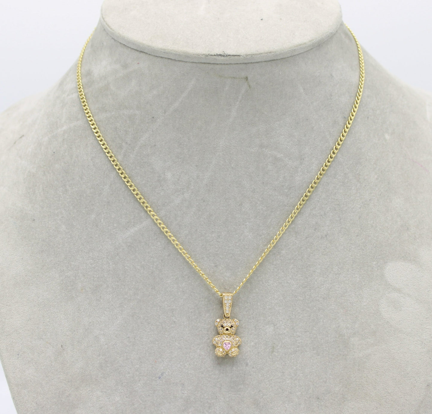 14K Teddy Bear Pendant Cz Stones with Semi-Solid Cuban Chain Yellow Gold