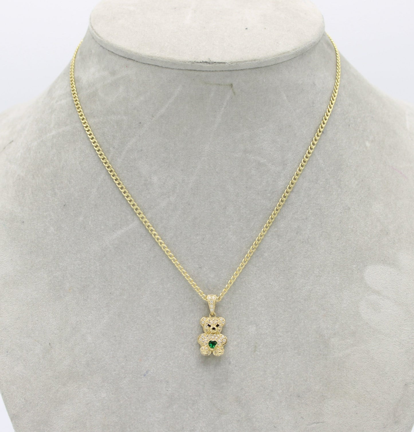 14K Teddy Bear Pendant Cz Stones with Semi-Solid Cuban Chain Yellow Gold