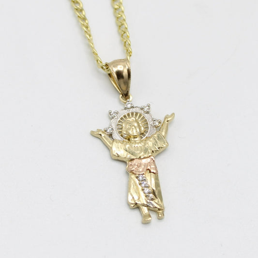 14K Divino Niño Pendant Three Tones with Semi-Solid Cuban Chain Yellow Gold