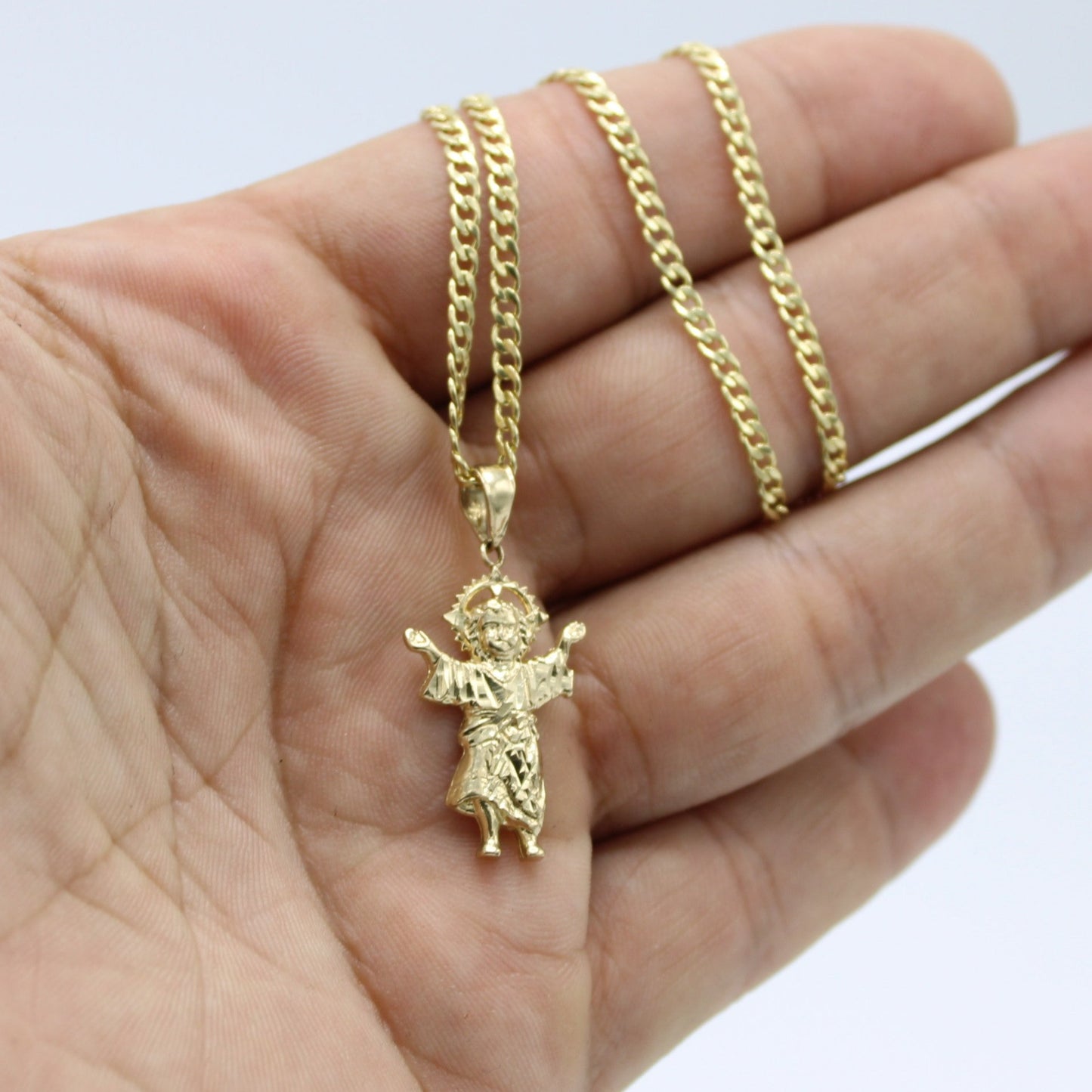 14K Divino Niño Pendant with Semi-Solid Cuban Chain Yellow Gold
